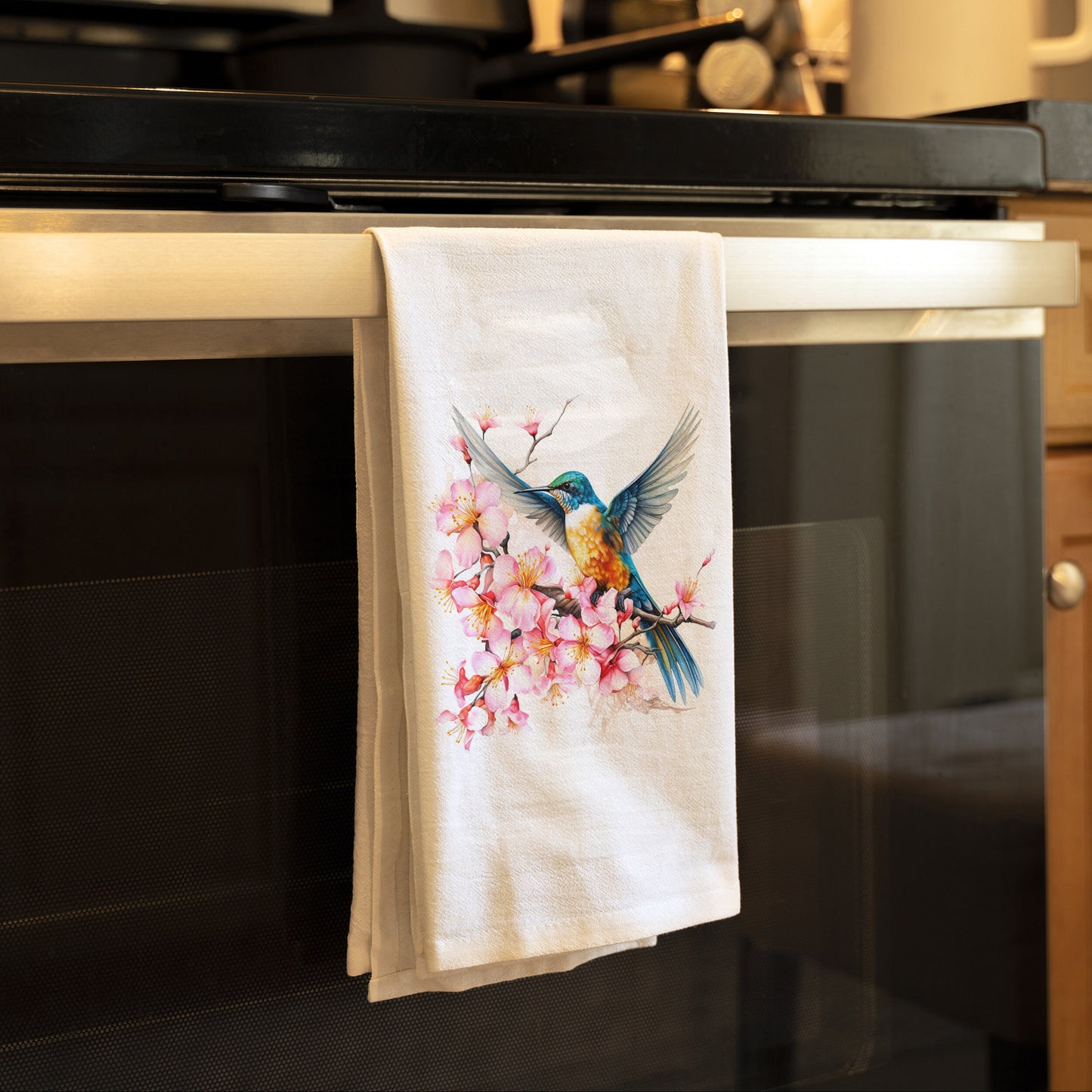 Hummingbird Cherry Blossom Kitchen Towel, Whimsical Wings Decorative Kitchen Hand Towel, Hummingbird Kitchen Tea Towel, Birds Home Decor