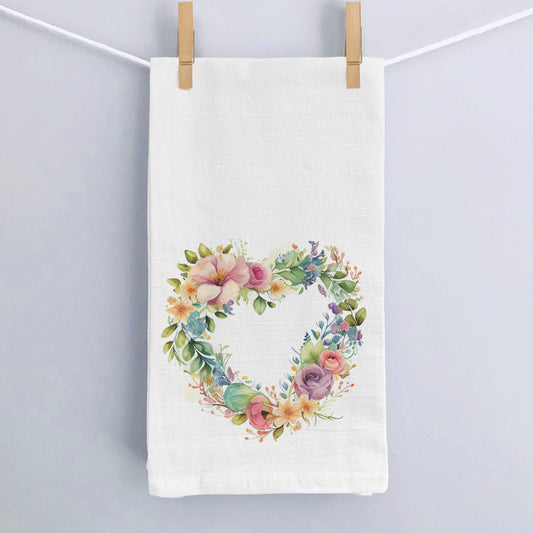 Valentine's Day Kitchen Towel, Floral Heart Wreath Decor, Flowers Kitchen Decor, Valentine's Day Flour Sack Kitchen Towel, Gift for Mom