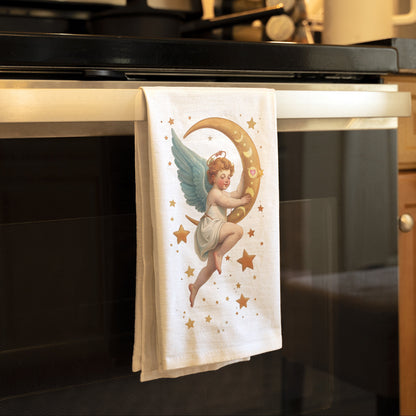 Angelic Cherub Kitchen Tea Towel - Celestial Moon Kitchen Decor, Vintage Cotton Dish Towel, Starry Home Accents Flour Sack Kitchen Towel