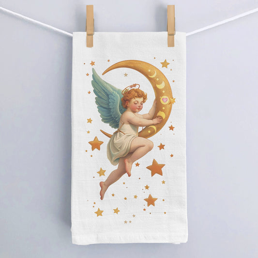 Angelic Cherub Kitchen Tea Towel - Celestial Moon Kitchen Decor, Vintage Cotton Dish Towel, Starry Home Accents Flour Sack Kitchen Towel