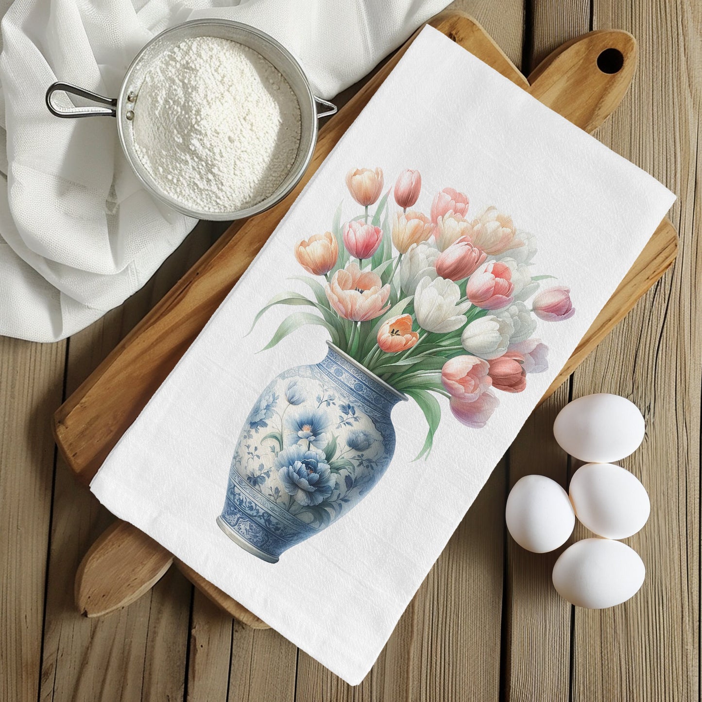 Chinoiserie Kitchen Towel with Blue and White Floral Design: Tulips in an Elegant Vase, Kitchen Decor with Flowers - Cotton Flour Sack Towel
