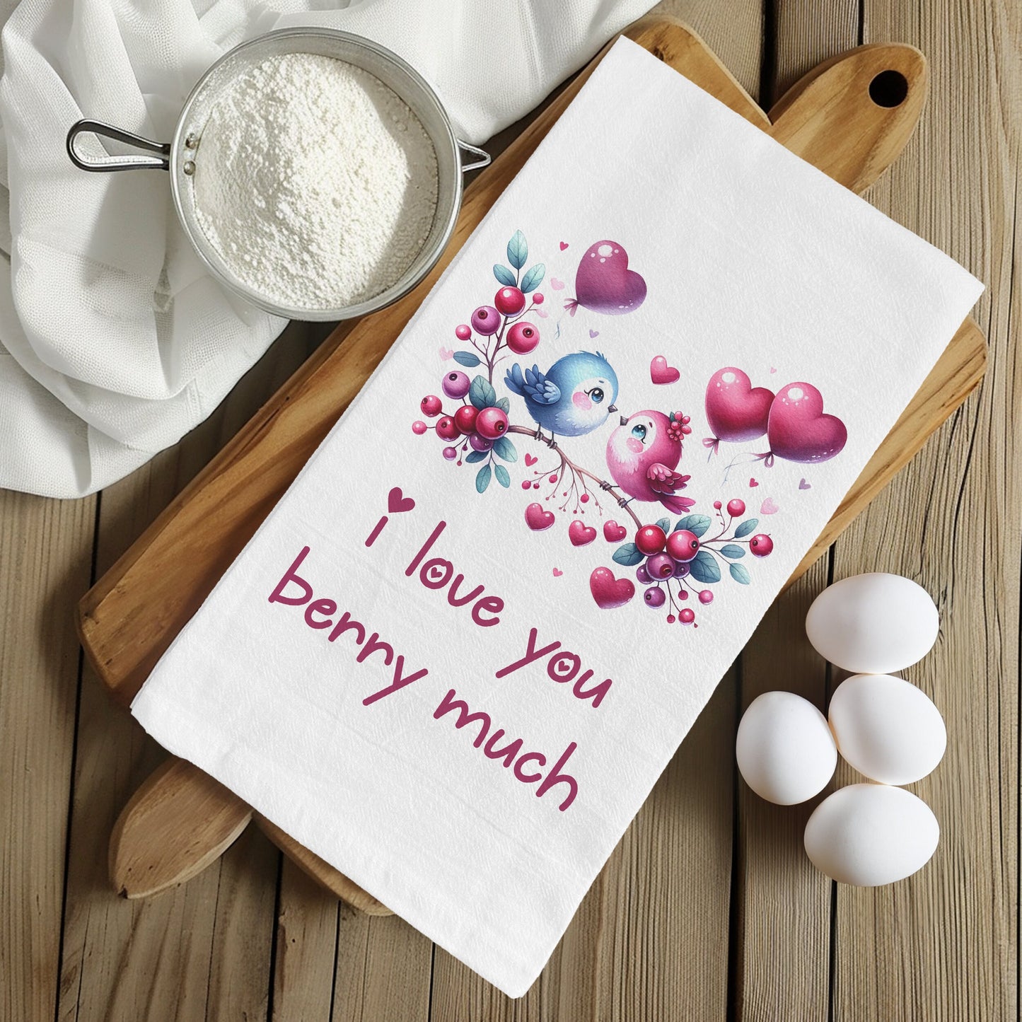I love you Berry Much - Valentine's Day Flour Sack Birdy Kitchen Tea Towel, Berry Loving Birds Theme Kitchen Towel, Perfect Anniversary Gift