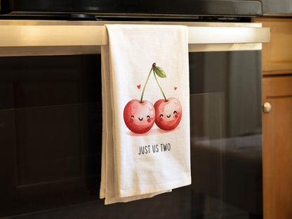 Cute Valentine's Day Cherry Towel - Just Us Two - Flour Sack Kitchen Towel - Cherries Kitchen Towel Decor