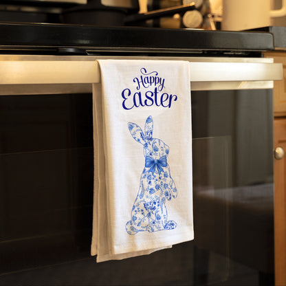 Blue and White Floral Print Easter Bunny Kitchen Towel, Chinoiserie Easter Decor Hand Tea Towel, Chinoiserie Happy Easter Kitchen Towel
