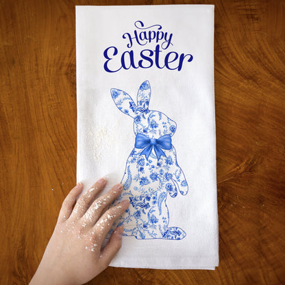 Blue and White Floral Print Easter Bunny Kitchen Towel, Chinoiserie Easter Decor Hand Tea Towel, Chinoiserie Happy Easter Kitchen Towel