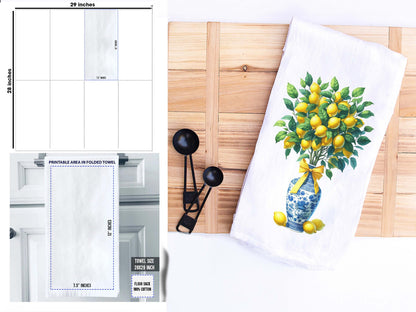 Lemon Tree Tea Towel in Blue and White Chinoiserie Vase and Bow, Chinoiserie Kitchen Towel, Lemon Kitchen Decor - Cotton Flour Sack Towel