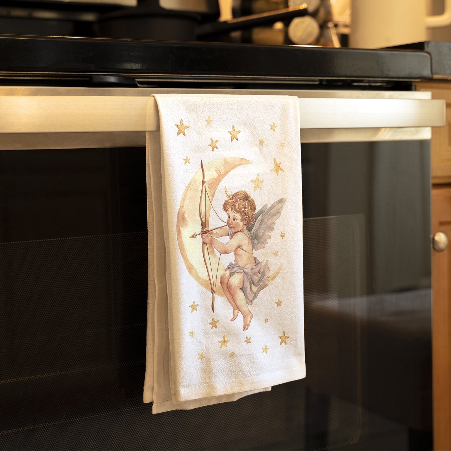 Cherub with Bow and Moon Flour Sack Kitchen Towel, Angelic Kitchen Decor, Celestial Cotton Dish Cloth, Valentines Day Kitchen Towel Gift