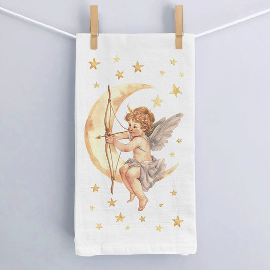 Cherub with Bow and Moon Flour Sack Kitchen Towel, Angelic Kitchen Decor, Celestial Cotton Dish Cloth, Valentines Day Kitchen Towel Gift