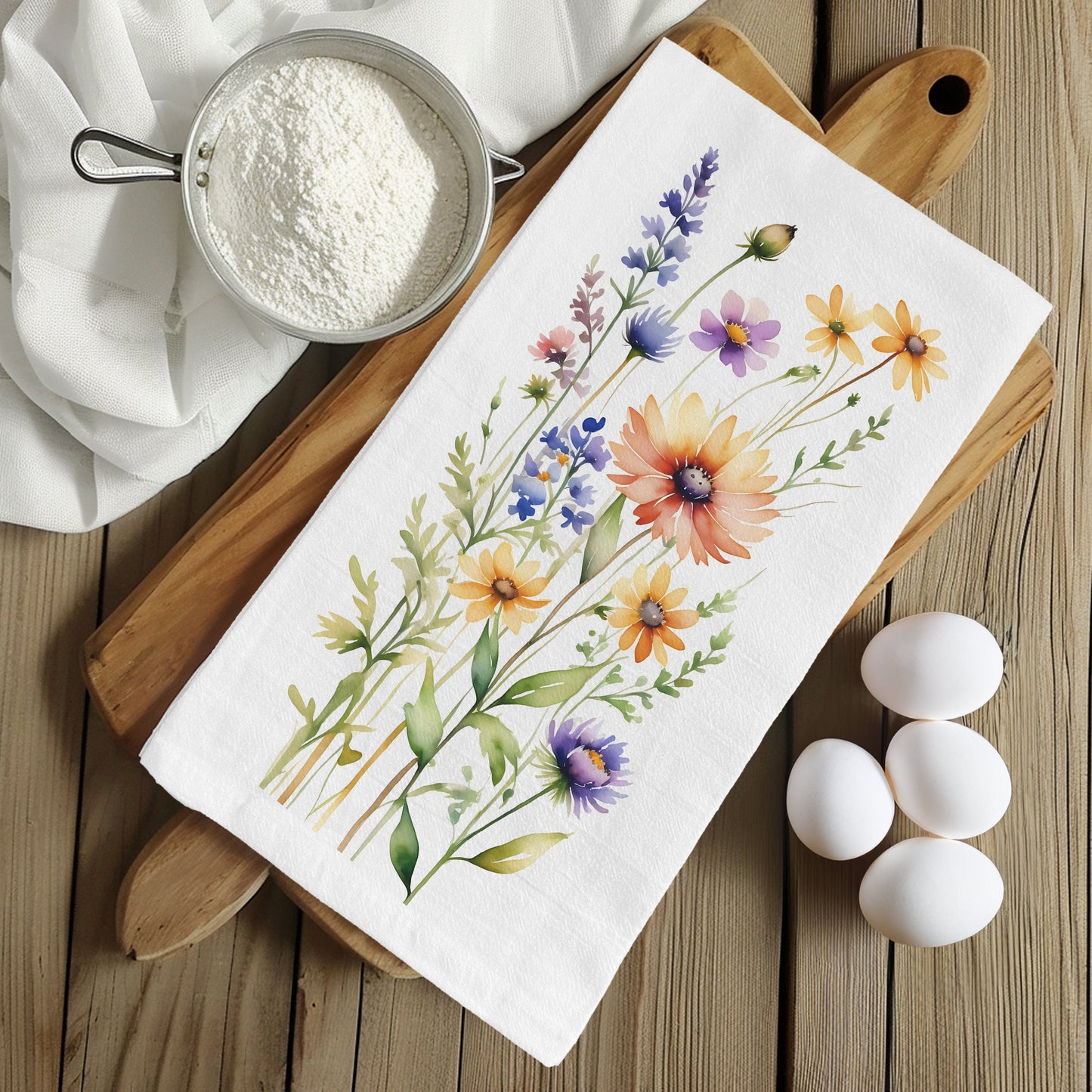 Watercolor Wildflower Kitchen Towel, Rustic Floral Flour Sack Towel, Botanical Home Decor Kitchen Tea Towel, Gift for Mom, Spring Flower