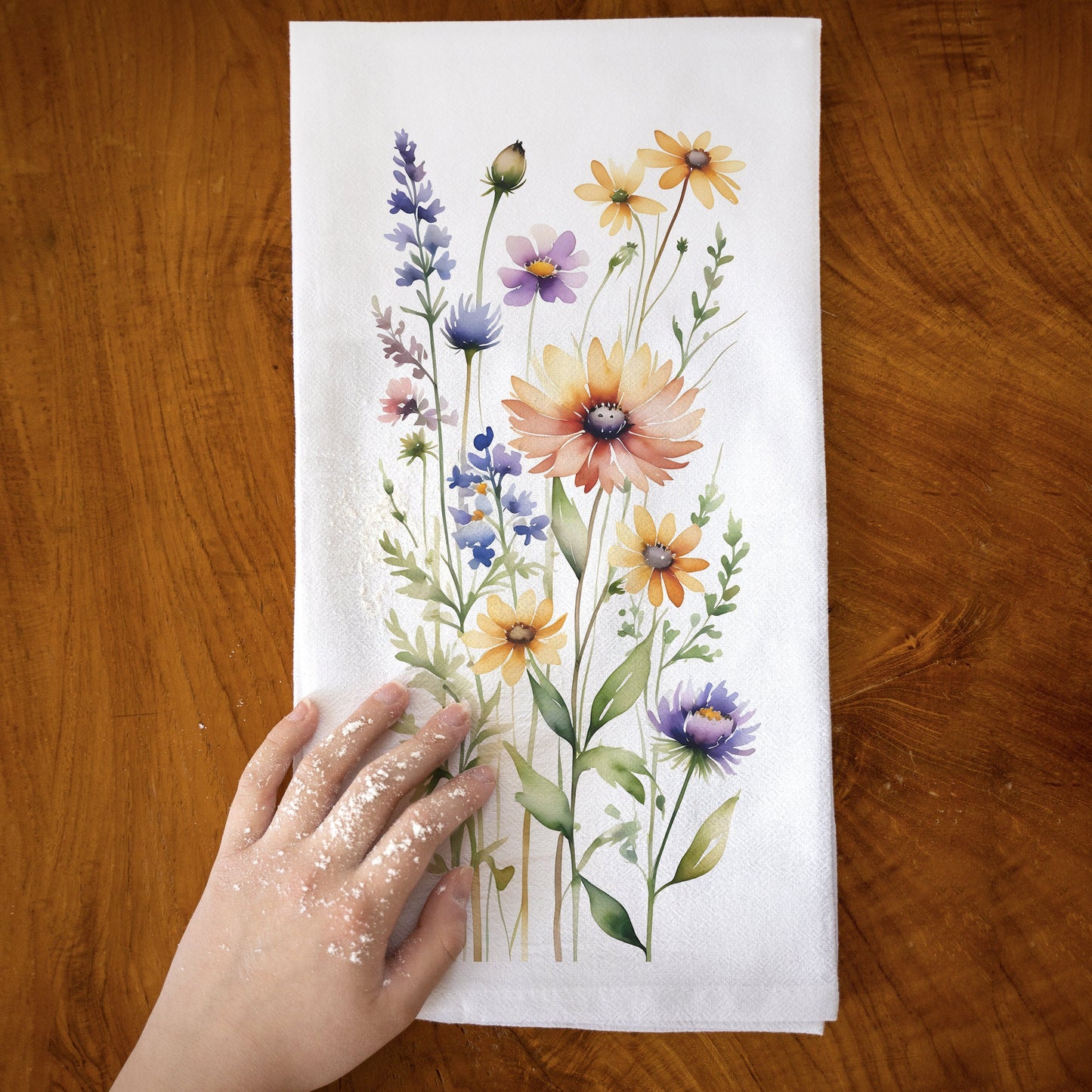 Watercolor Wildflower Kitchen Towel, Rustic Floral Flour Sack Towel, Botanical Home Decor Kitchen Tea Towel, Gift for Mom, Spring Flower