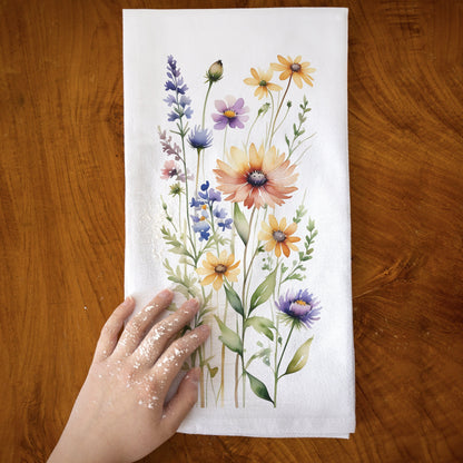 Watercolor Wildflower Kitchen Towel, Rustic Floral Flour Sack Towel, Botanical Home Decor Kitchen Tea Towel, Gift for Mom, Spring Flower