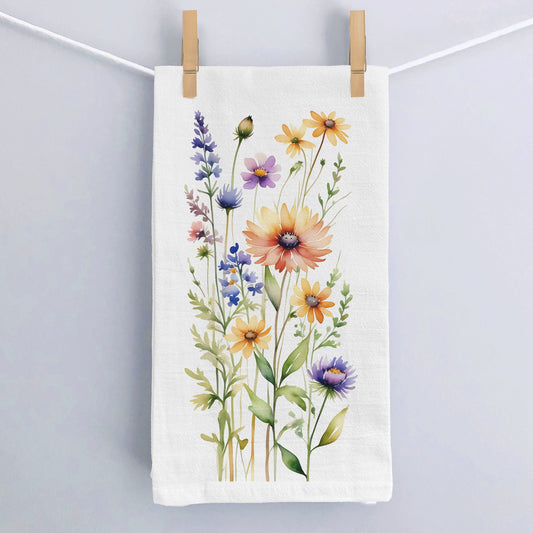 Watercolor Wildflower Kitchen Towel, Rustic Floral Flour Sack Towel, Botanical Home Decor Kitchen Tea Towel, Gift for Mom, Spring Flower