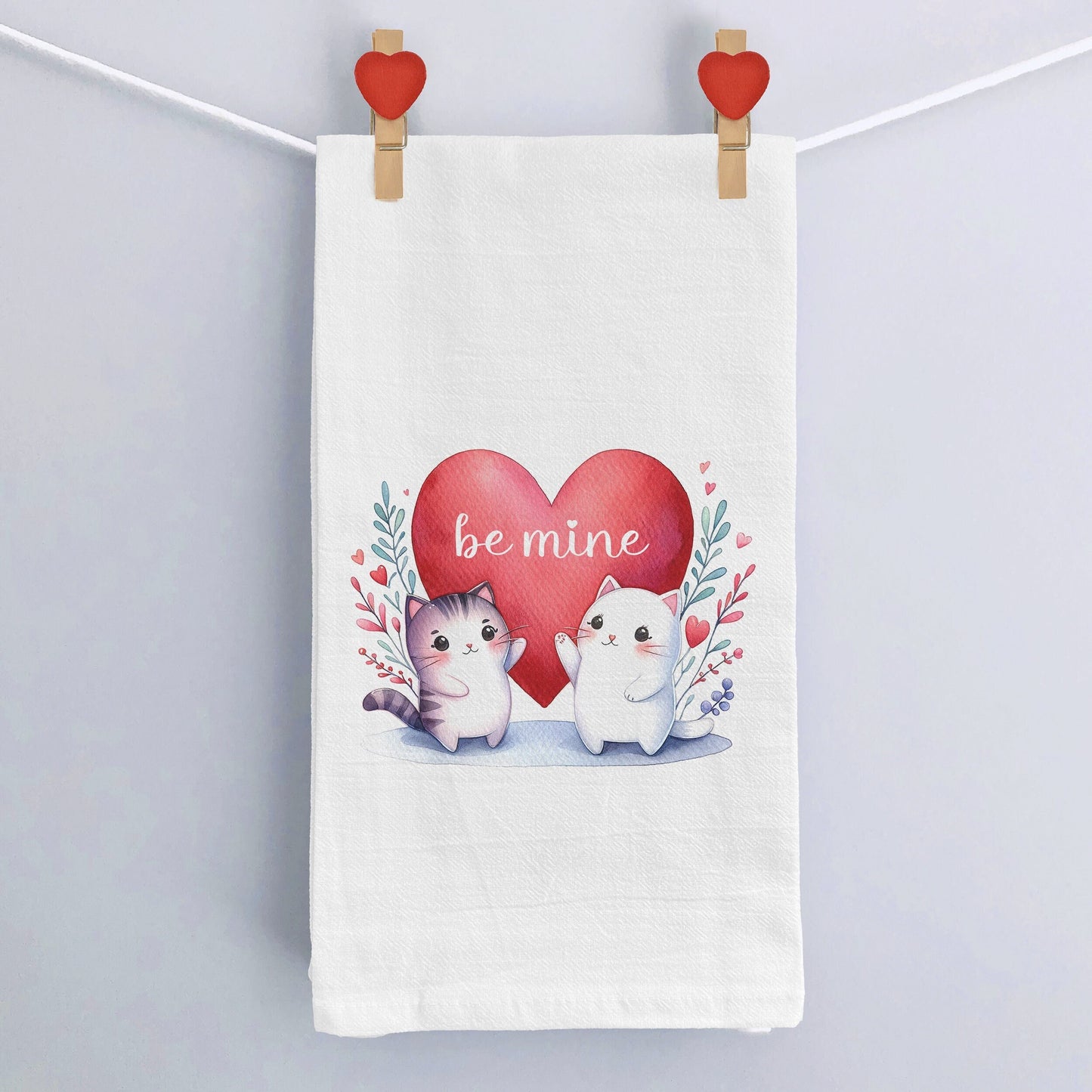 Be Mine Heart with Two Cute Cats  Valentine's Day Kitchen Towel -Flour Sack Kitchen Tea Towel, Valentines Day  Kitchen Decor