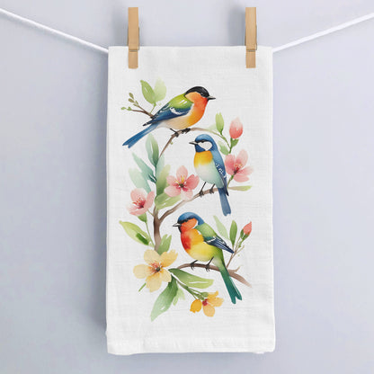 Spring Birds On Branch with Flowers -  White Flour Sack Kitchen Towel