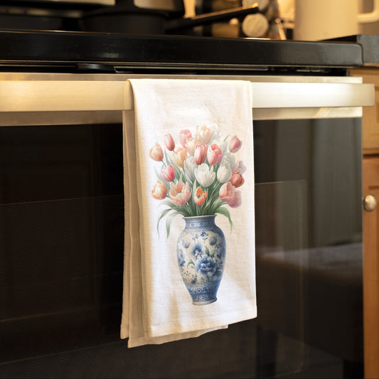Chinoiserie Kitchen Towel with Blue and White Floral Design: Tulips in an Elegant Vase, Kitchen Decor with Flowers - Cotton Flour Sack Towel