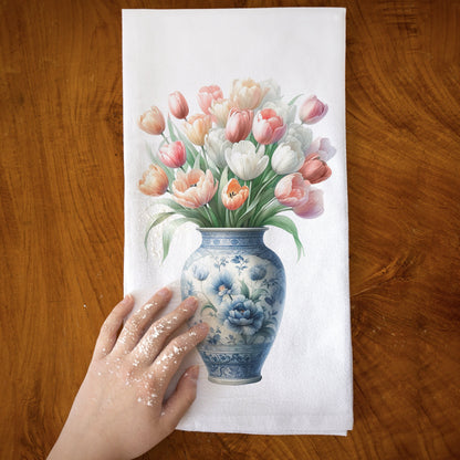 Chinoiserie Kitchen Towel with Blue and White Floral Design: Tulips in an Elegant Vase, Kitchen Decor with Flowers - Cotton Flour Sack Towel
