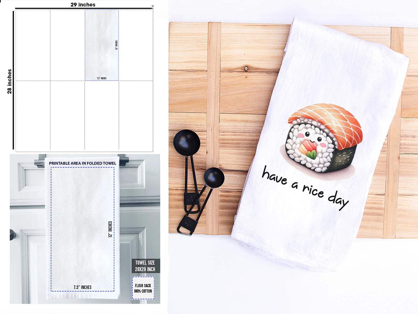 Cute Sushi Roll Towel - Have a Rice Day - Flour Sack Cotton Kitchen Towel