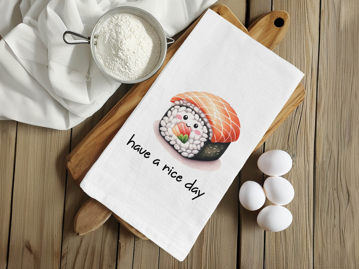 Cute Sushi Roll Towel - Have a Rice Day - Flour Sack Cotton Kitchen Towel