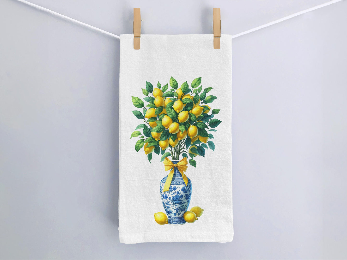 Lemon Tree Tea Towel in Blue and White Chinoiserie Vase and Bow, Chinoiserie Kitchen Towel, Lemon Kitchen Decor - Cotton Flour Sack Towel