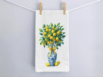 Lemon Tree Tea Towel in Blue and White Chinoiserie Vase and Bow, Chinoiserie Kitchen Towel, Lemon Kitchen Decor - Cotton Flour Sack Towel