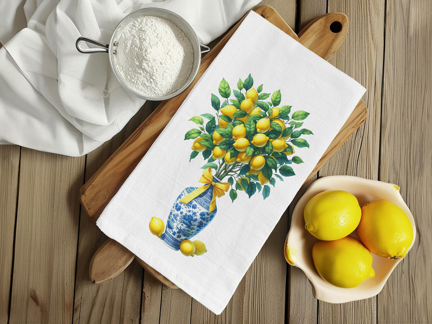 Lemon Tree Tea Towel in Blue and White Chinoiserie Vase and Bow, Chinoiserie Kitchen Towel, Lemon Kitchen Decor - Cotton Flour Sack Towel